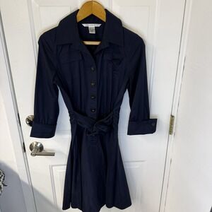 Diane Von Furstenberg Eve Poplin Shirt dress Half Placket Tie Waist Navy Size 8